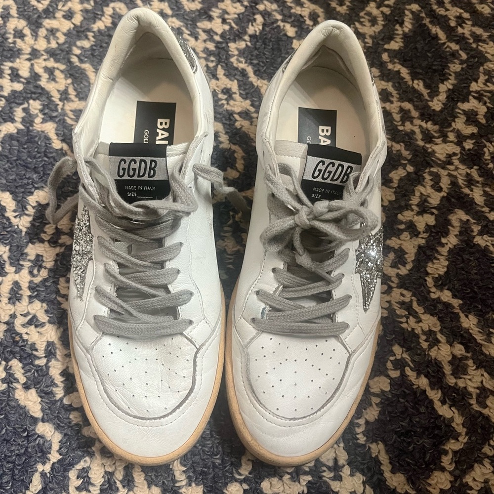 Golden Goose Ball Star White and Silver Sneakers